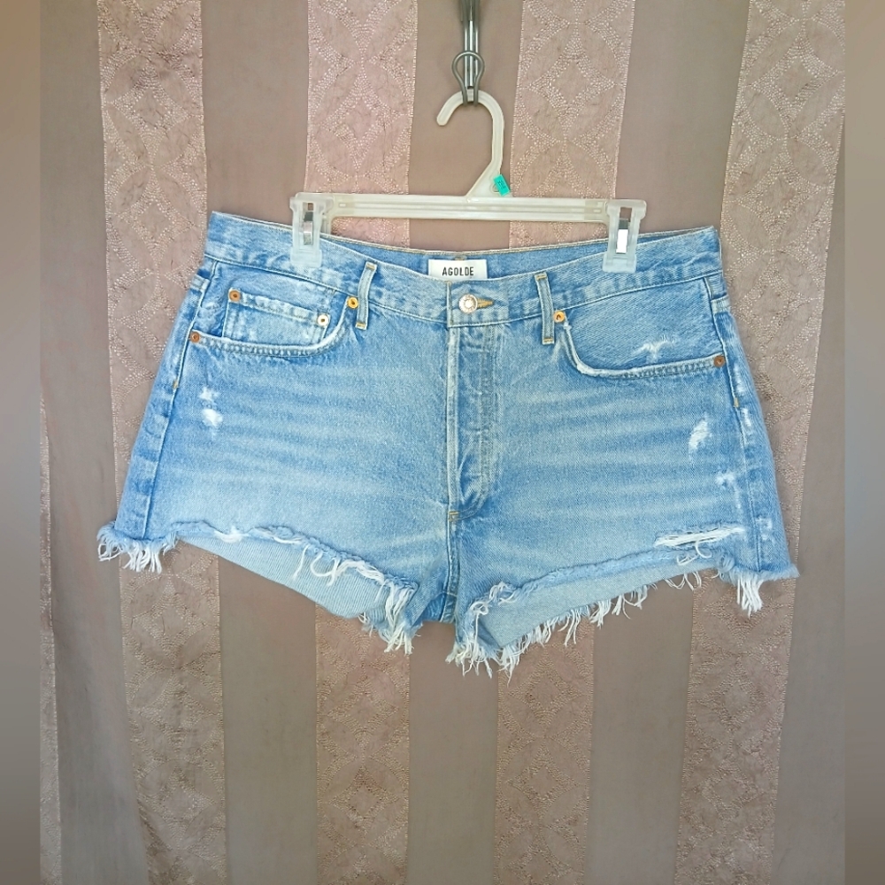 💎 AGOLDE Parker Vintage Cut Off Short In Swapmeet Women's Blue Denim Shorts - Picture 2 of 10